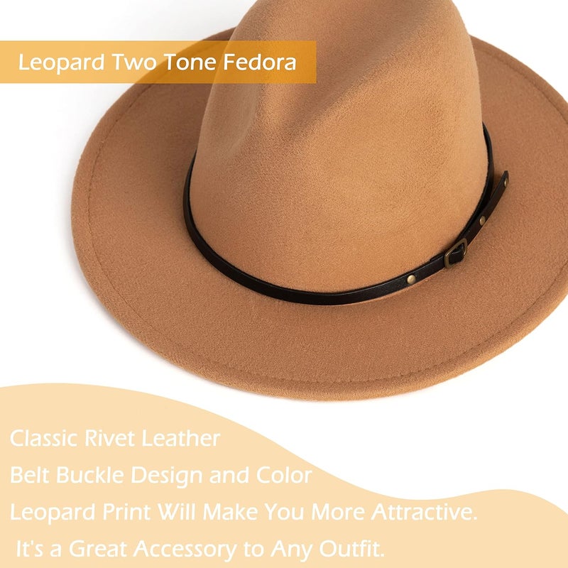 Gossifan Women Two Tone Wide Brim Fedora Felt Panama Hats Classic Belt Buckle - Image 2